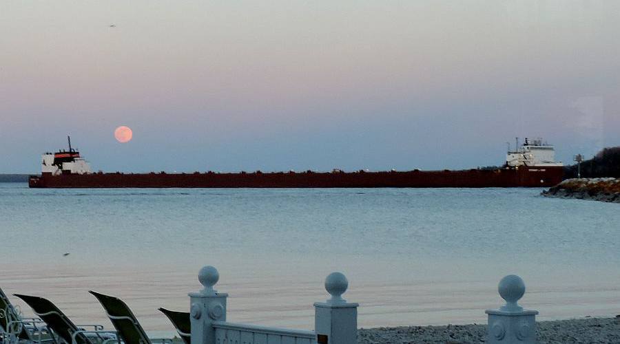 Full moon and the Stewart J. Cort at Mackinac Island, Michigan