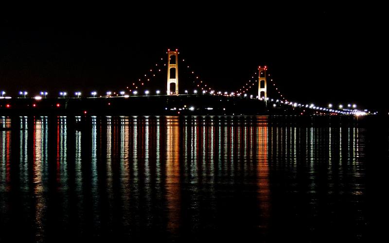 Mackinac Bridge lights reflected of the water