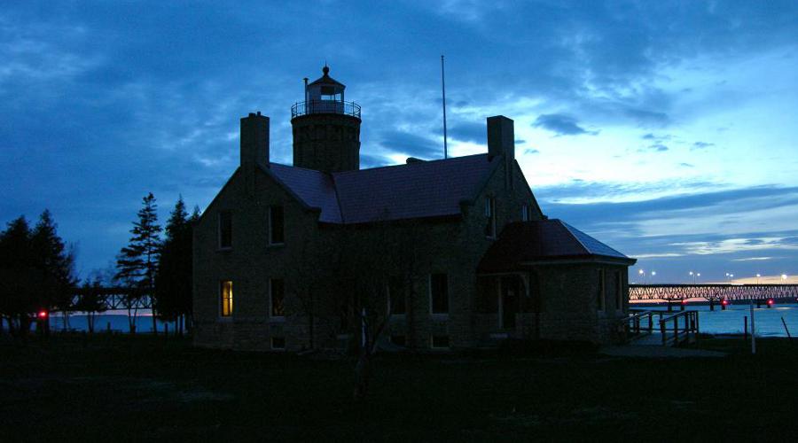 Old Mackinac Point Lighthouse and Mackianc Bridge at night