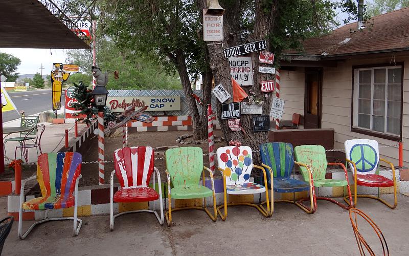 Painted metal patio chairs at Delgadillo's Snow Cap Drive-In